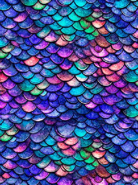 Dragon Scales Blue fabric from Quilting Treasures featuring a jewel-toned dragon scale pattern in blue, teal, purple, and pink.