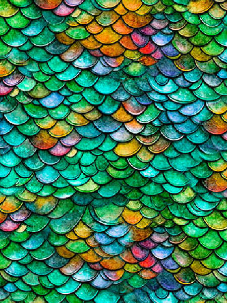 Dragon Scales Green fabric from Quilting Treasures UK featuring overlapping scales in jewel tones of green, teal, gold, and orange