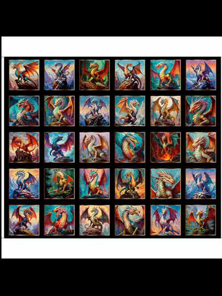 Dragons Song quilting panel by Quilting Treasures UK showing rows of dragon illustrations in jewel tones, each framed in a square for quilting projects