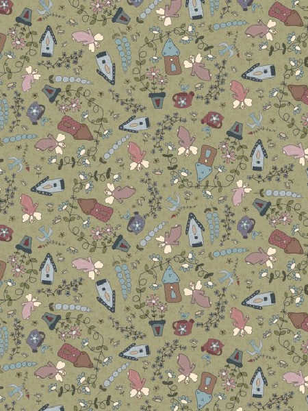 Fairy Garden fabric by Lynette Anderson for Nutex UK green print with birdhouses, flowers, and woodland details, 110cm wide.