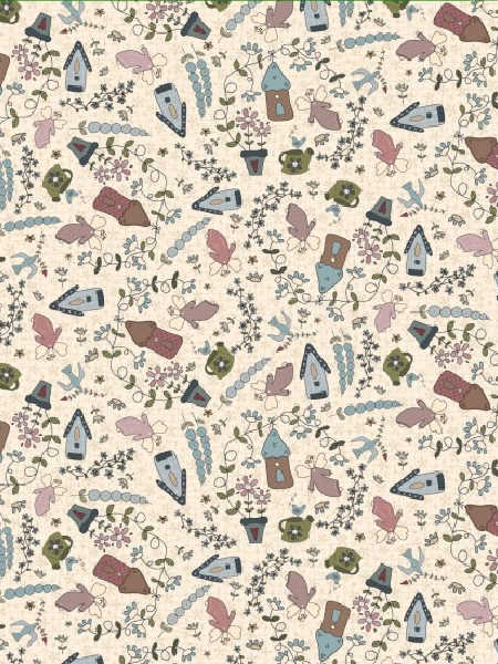 Fairy Garden fabric by Lynette Anderson for Nutex UK beige print with birdhouses, flowers, and woodland details, 110cm wide.