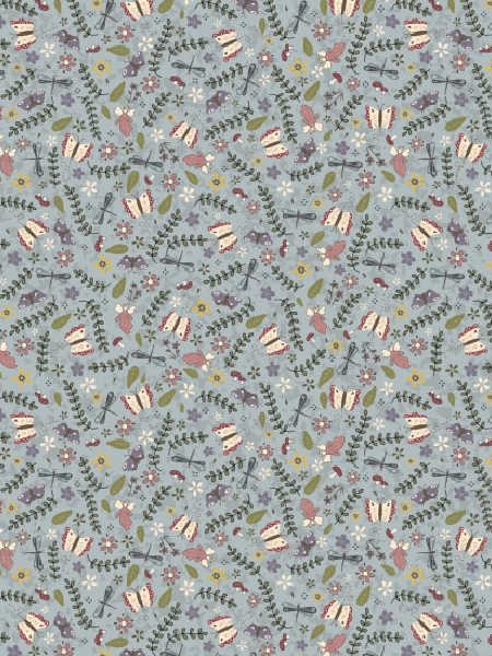 Fairy Garden fabric by Lynette Anderson for Nutex UK blue print with butterflies, flowers, and dragonflies, 110cm wide.