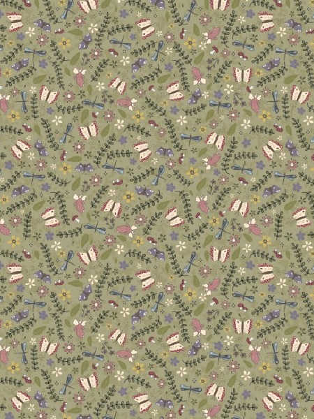 Fairy Garden fabric by Lynette Anderson for Nutex UK green print with butterflies, flowers, and dragonflies, 110cm wide.