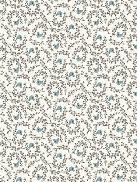 Fairy Garden fabric by Lynette Anderson for Nutex UK cream print with bluebirds and leafy vines, 110cm wide.