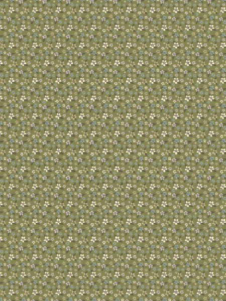 Fairy Garden fabric by Lynette Anderson for Nutex UK green print with tiny blossoms and leafy sprigs, 110cm wide.