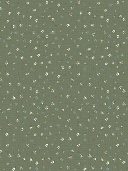 Fairy Garden fabric by Lynette Anderson for Nutex UK green print with scattered cream and blue flowers, 110cm wide.