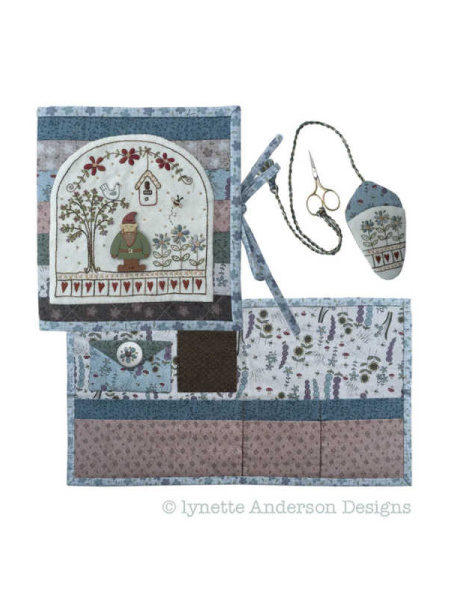Lynette Anderson Garden Gnome Needlebook pattern with embroidery and patchwork, featuring gnome motif and coordinating button.