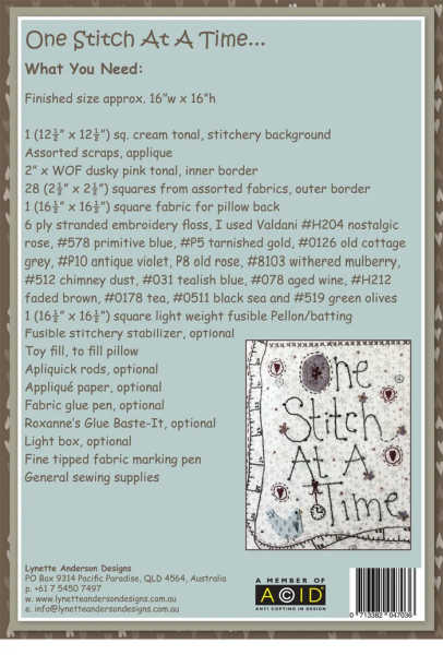 One Stitch at a time by Lynette Anderson cushion pattern Back