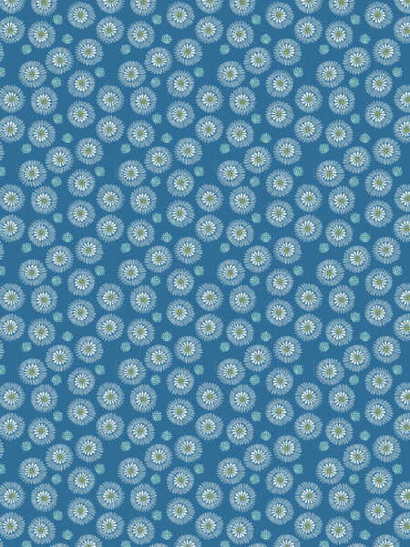 Lewis & Irene Hajime fabric by Stuart Hillard, blue cotton with scattered white and green dandelion motifs, 110cm wide.