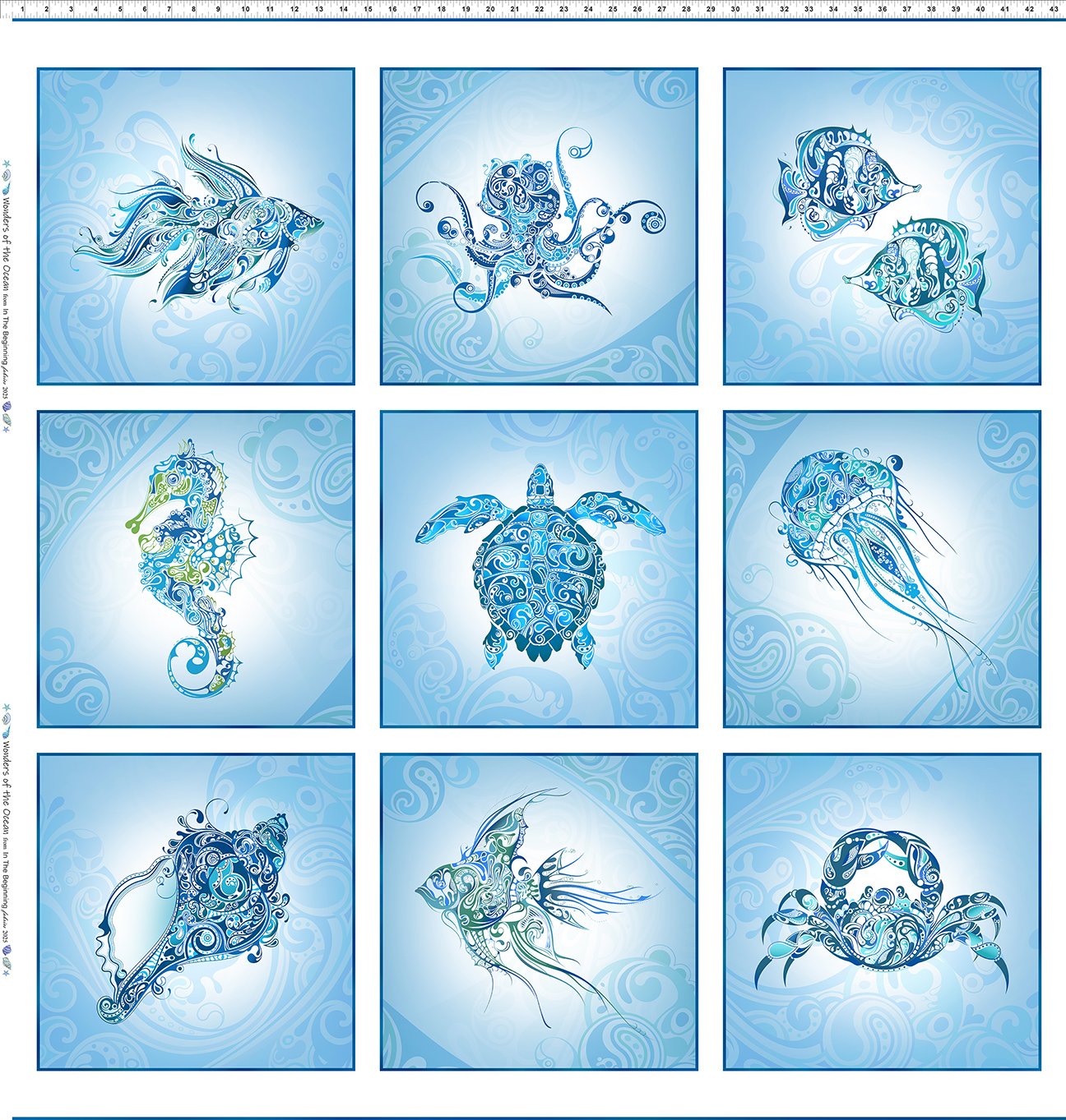 Wonders of the Ocean panel by Jason Yenter for In the Beginning Fabrics UK, measuring 110cm x 114cm, with nine marine life blocks including a turtle, seahorse, jellyfish, and crab.