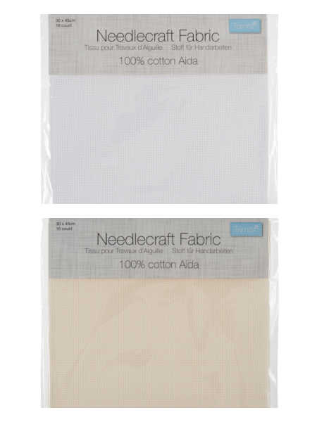 16 count Aida fabric for cross stitch in white and cream, 100% cotton, size 30 x 45cm (18 x 12in).