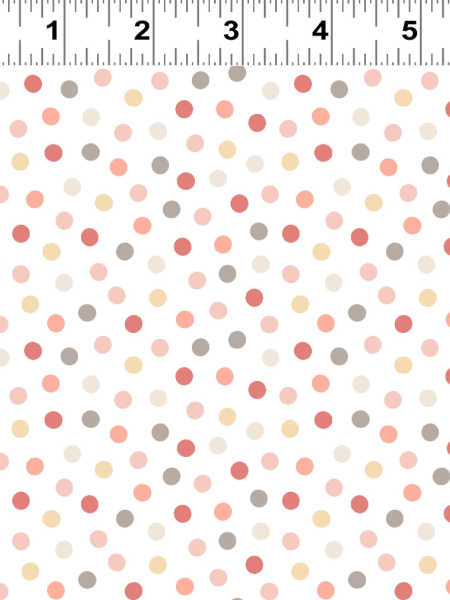 Clothworks UK Guess How Much I Love You pink spot quilting fabric with soft pink, cream, and taupe dots on a white background.