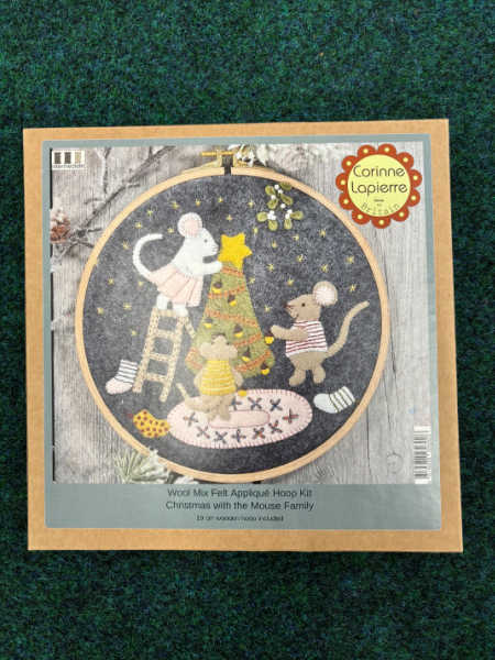Corinne Lapierre Christmas with the Mouse Family felt hoop kit box showing a festive felt design of three mice decorating a Christmas tree.