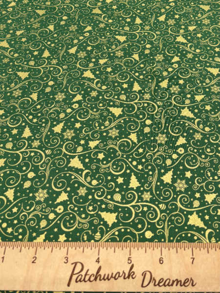 Christmas fabric by Timeless Treasures UK– green with golden swirls, trees, stars and baubles