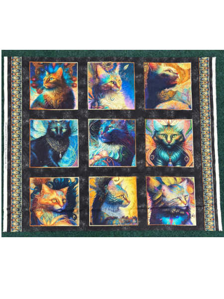 Feline Fantasia fabric panel by Quilting Treasures UK featuring nine mystical cat portraits in vibrant jewel tones. Approx. 93cm x width of bolt. Perfect for quilting and craft projects.