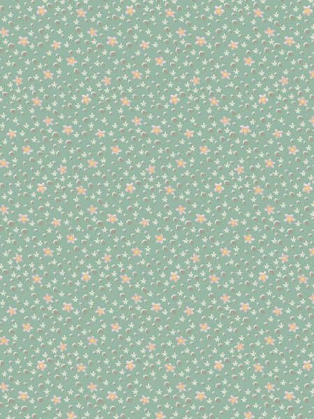 Soft mint green quilting fabric with tiny scattered peach and cream daisies from the Slow and Steady collection by Anni Downs for Hatched and Patched UK