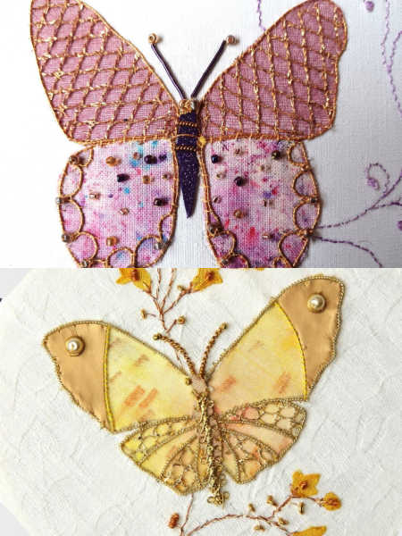 Beginners goldwork butterfly embroidery kits showing two stitched butterfly designs with gold threads, textured wings, and decorative detailing.
