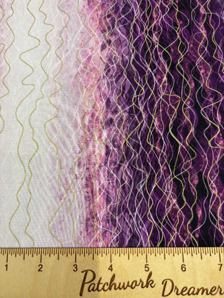 “Robert Kaufman Hill Shine Plum fabric – wavy vertical stripes in white, lilac and deep purple with metallic accents (UK).”