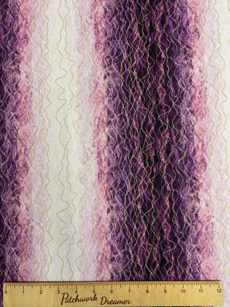 Robert Kaufman Hill Shine Plum fabric – wavy vertical stripes in white, lilac and deep purple with metallic accents (UK).”