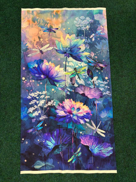 Timeless Treasures UK dragonfly and lotus-style floral fabric panel in teal, purple, and gold tones, approx. 61cm x 110cm.
