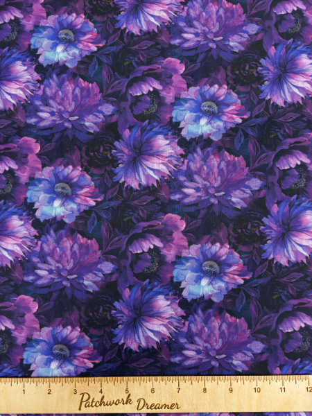 Timeless Treasures UK CD3893 Violet floral quilting fabric in deep purples and blues.