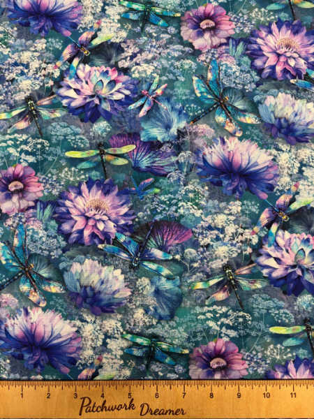 Timeless Treasures UK fabric with flying dragonflies and floral design in teal, purple, and blue tones.