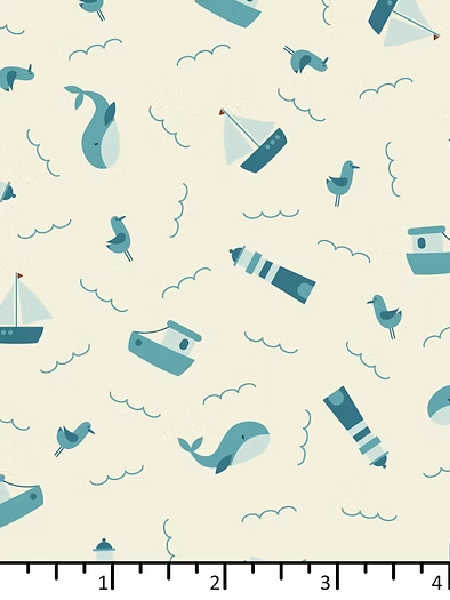 Cream seaside quilting fabric with boats, whales and lighthouses in blue tones from the Sands of Time collection by EQP Textiles UK.