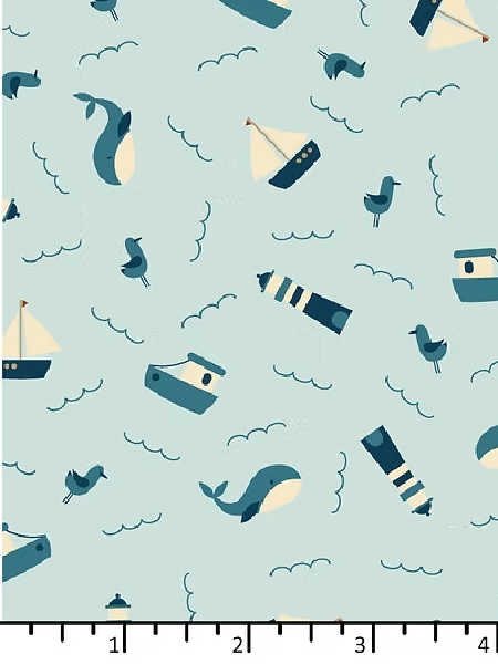 Frosty blue seaside quilting fabric with boats, whales and lighthouses in blue tones from the Sands of Time collection by EQP Textiles UK.