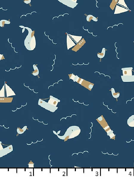 Prussian blue seaside quilting fabric with boats, whales and lighthouses in cream and blue tones from the Sands of Time collection by EQP Textiles UK.