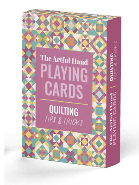 Box of The Artful Hand Playing Cards: Quilting Tips & Tricks, featuring a colourful patchwork-style design and a pink central label with the title.