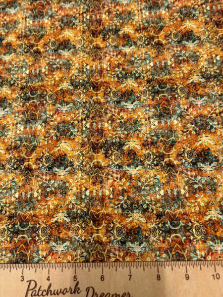 Luxury folklore textured blender quilting fabric by Quilting Treasures UK in amber, gold and teal