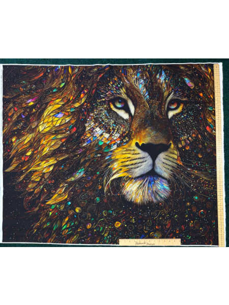 Camelot Majestic Lion quilting panel UK from the Gilded Collection showing a full lion portrait in rich jewel tones