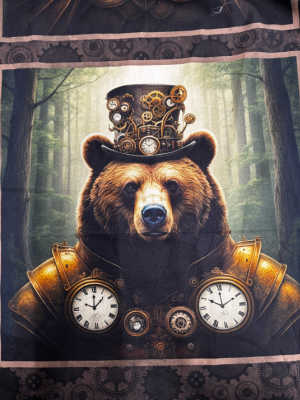 Steampunk bear quilt panel cotton fabric with clockwork gears and pocket watches steampunk animals fabric panel UK
