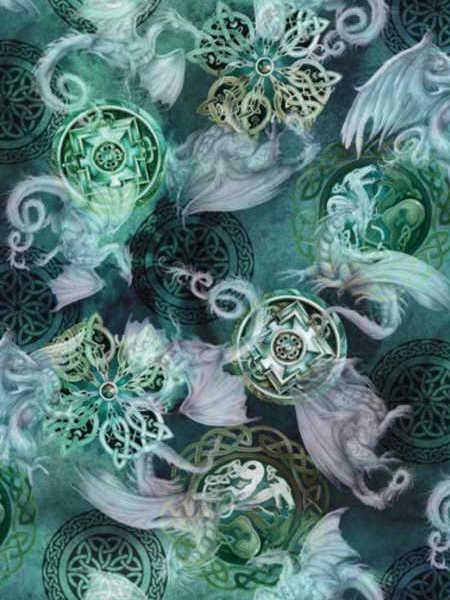 Mystic Dragon Night Sky Dragon quilting fabric by Michael Miller in jade green with aqua and lavender dragons and celestial medallions, UK