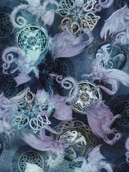 Mystic Dragon Dragon Medallions quilting fabric by Michael Miller in midnight blue with teal and lavender dragons and circular motifs, UK