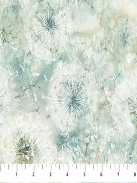 Whisper dandelion toss aqua cotton quilting fabric by Deborah Edwards and Melanie Samra for Northcott UK featuring soft teal botanical print.