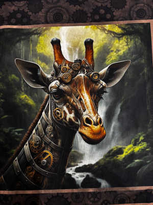 Steampunk giraffe quilt panel cotton fabric with brass gears and clockwork steampunk animals fabric panel UK