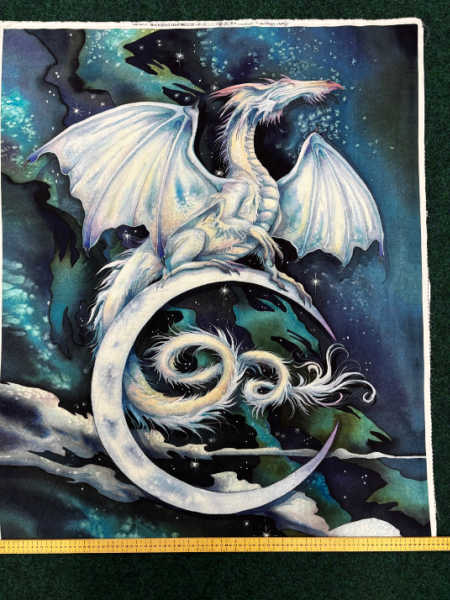Mystic Dragon 36 inch quilt panel by Michael Miller featuring a white dragon perched on a crescent moon in a starry night sky, UK