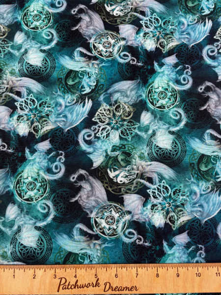 Mystic Dragon Night Sky Dragon quilting fabric by Michael Miller in jade green with aqua and lavender dragons and celestial medallions, UK