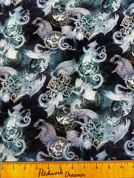 Mystic Dragon Dragon Medallions quilting fabric by Michael Miller in midnight blue with teal and lavender dragons and circular motifs, UK