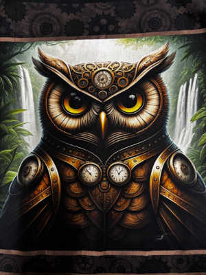 Steampunk owl quilt panel cotton fabric with brass gears and pocket watches steampunk animals fabric panel UK