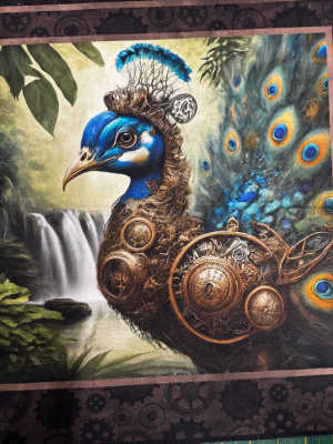 Steampunk peacock quilt panel cotton fabric with brass gears and clockwork steampunk animals fabric panel UK