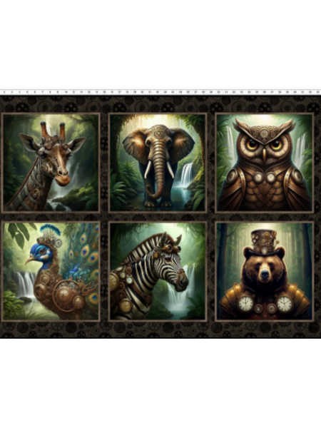 Steampunk Menagerie quilting panel by Jason Yeater featuring six steampunk animal portraits including giraffe, elephant, owl, peacock, zebra and bear on cotton fabric.