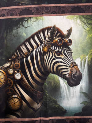 Steampunk zebra quilt panel cotton fabric with brass gears and pocket watches steampunk animals fabric panel UK