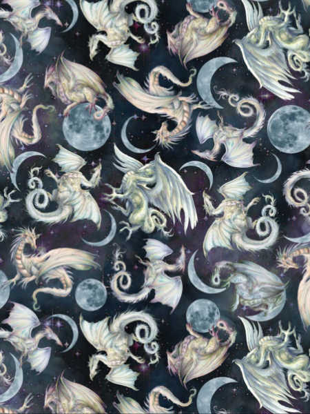 Mystic Dragon Celestial Dragons quilting fabric by Michael Miller with flying dragons and moon motifs on a dark midnight background, UK