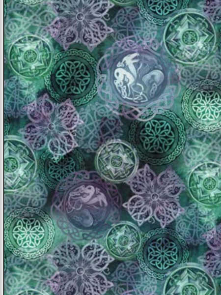 Mystic Dragon Sacred Symbols quilting fabric by Michael Miller with mandala-style circles and subtle dragon motifs in jade and teal tones, UK