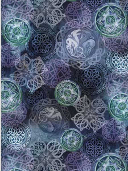 Mystic Dragon Sacred Symbols quilting fabric by Michael Miller with mandala motifs and hidden dragon details on a midnight blue background, UK