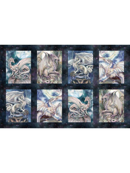 Mystic Dragon Ride Your Dreams quilt panel by Michael Miller featuring eight illustrated dragon squares on a starry night background, UK