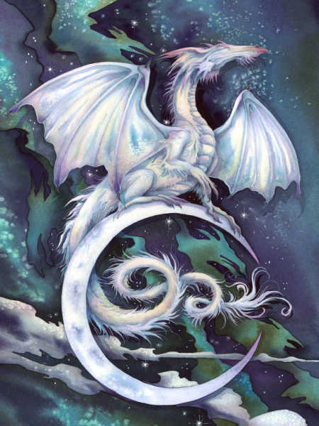 Mystic Dragon 36 inch quilt panel by Michael Miller featuring a white dragon perched on a crescent moon in a starry night sky, UK