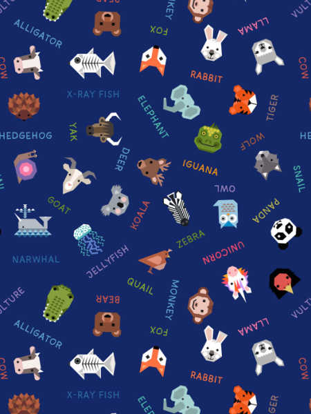 Animal Alphabet navy cotton fabric by Lewis and Irene UK with labelled illustrated animals
